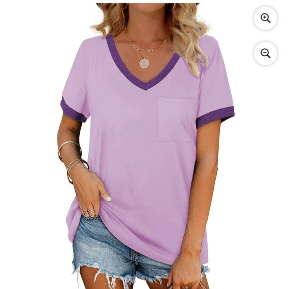 Women's size M Purple V-Neck Short Sleeved Shirt Oversized Pocket Two Tone - Picture 1 of 6